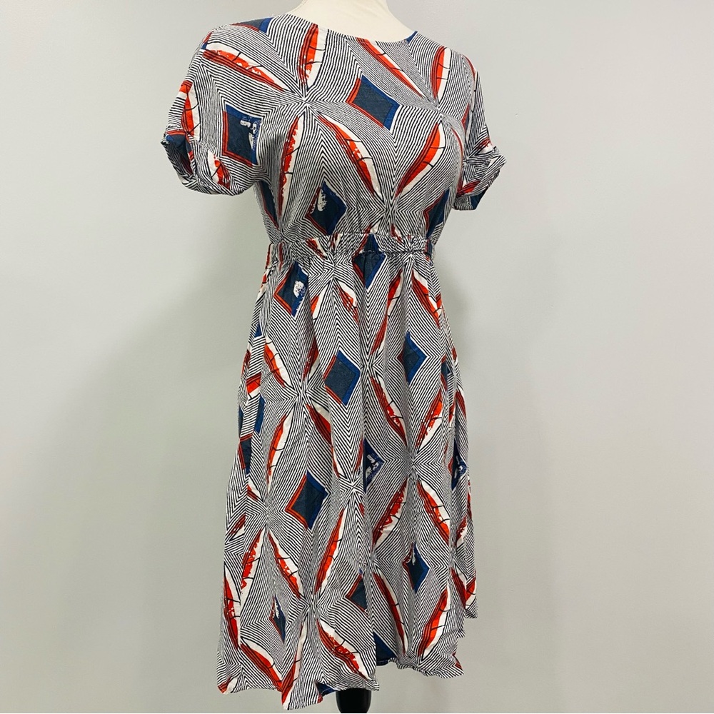 FARROW S Blue White Geo Fit & Flare Open Back  Nautical Dress Americana Beach